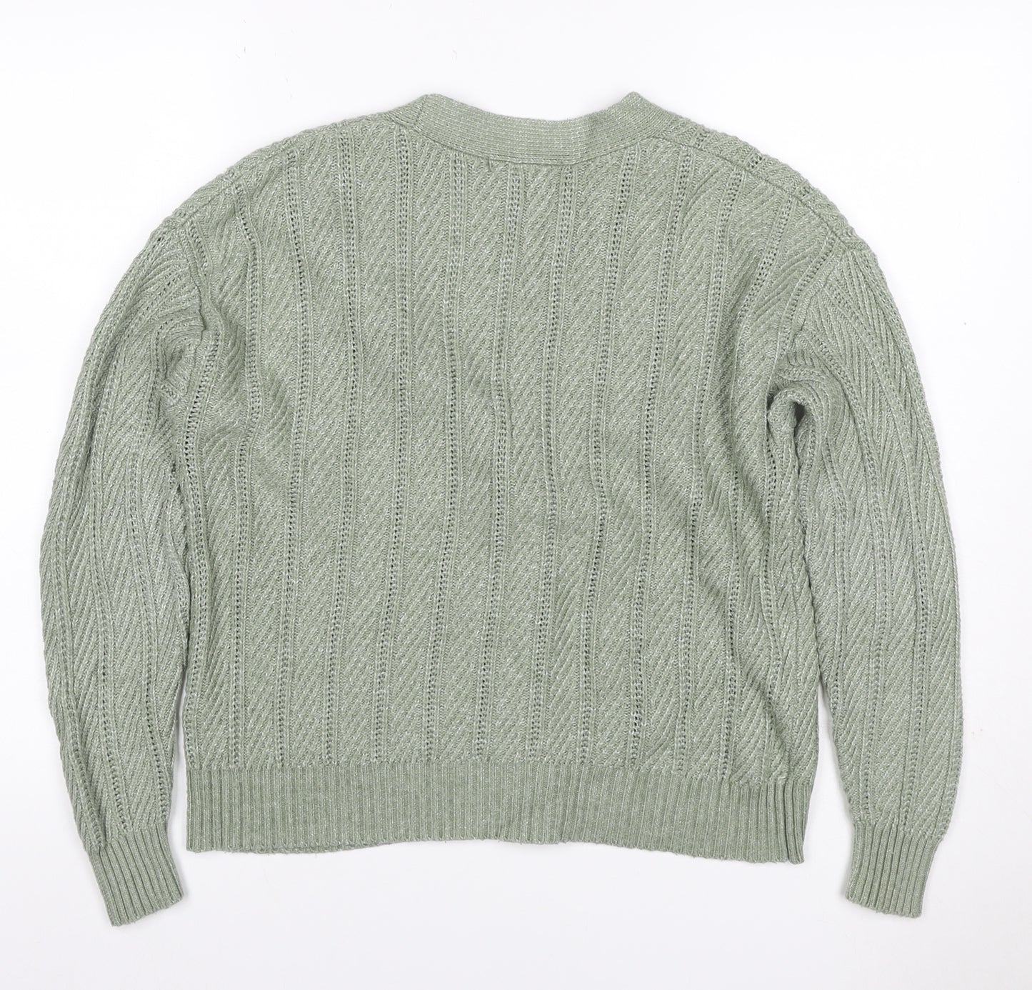 Marks & Spencer Women Green M Cable Knit V-Neck Button Cardigan