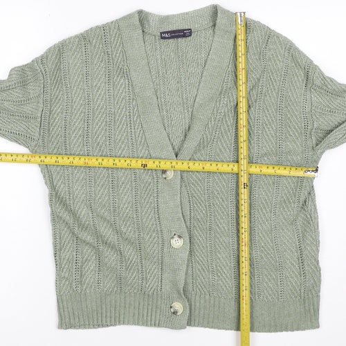 Marks & Spencer Women Green M Cable Knit V-Neck Button Cardigan