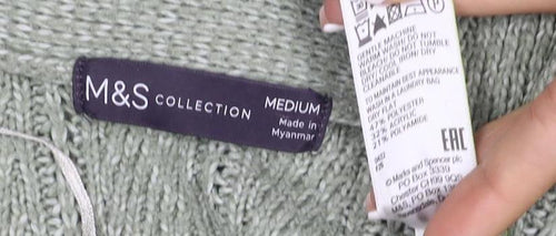 Marks & Spencer Women Green M Cable Knit V-Neck Button Cardigan