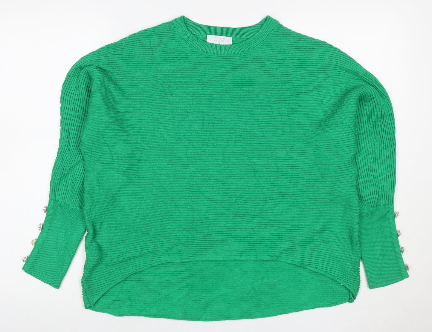 Quiz Women’s Green M Ribbed Knit Balloon Sleeve Jewel Button Jumper