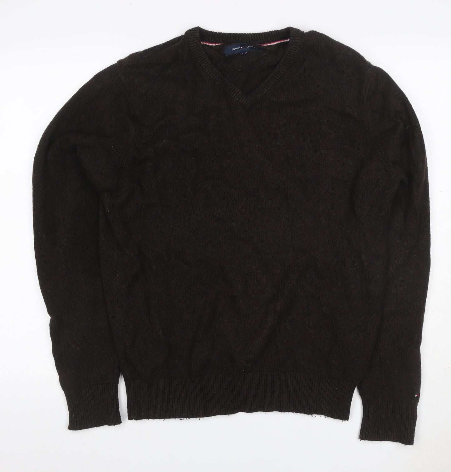 Tommy Hilfiger Men’s Black L V-Neck Cotton Blend Elbow Patch Jumper