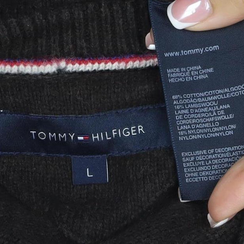 Tommy Hilfiger Men’s Black L V-Neck Cotton Blend Elbow Patch Jumper