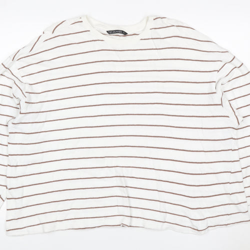 Dunnes Women White Brown Striped Cotton Crew Neck Jumper XL