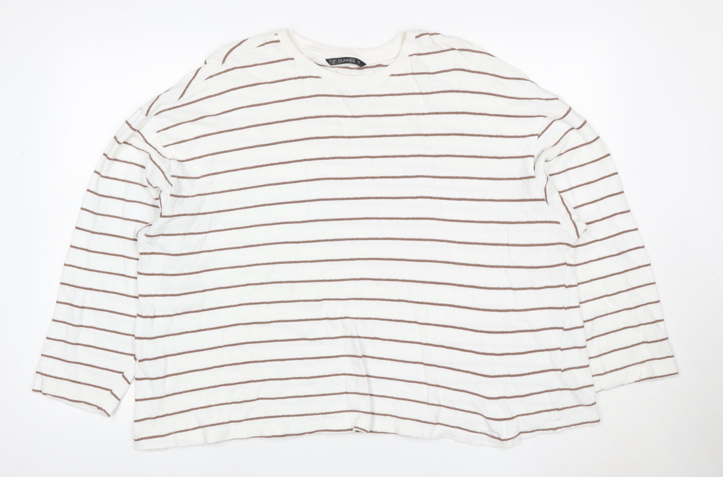 Dunnes Women White Brown Striped Cotton Crew Neck Jumper XL
