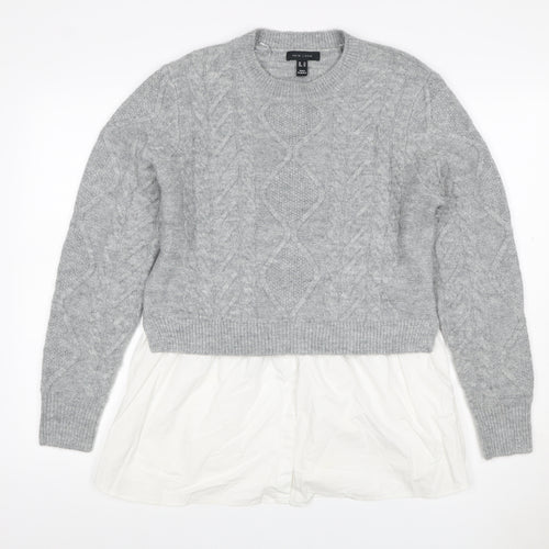 New Look Women Grey White UK 14 Cable Knit Layered Hem Jumper