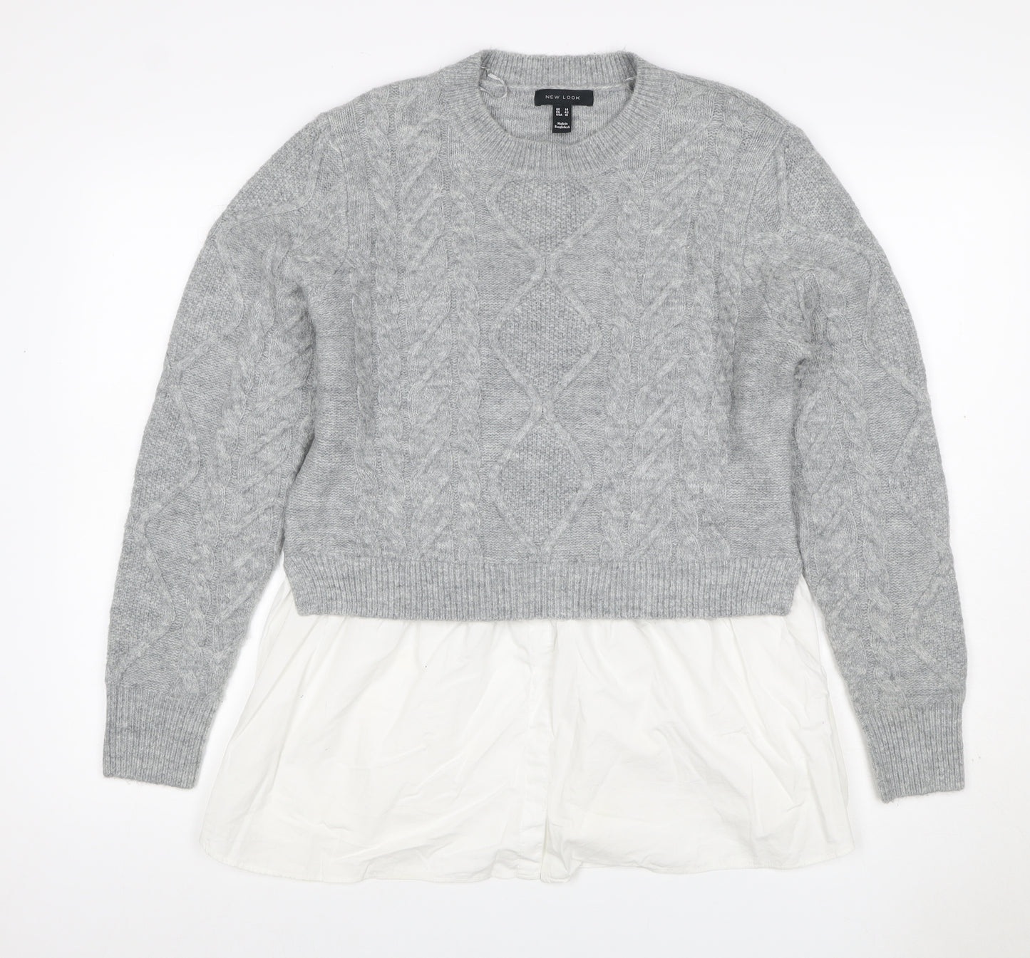 New Look Women Grey White UK 14 Cable Knit Layered Hem Jumper