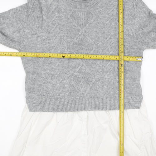 New Look Women Grey White UK 14 Cable Knit Layered Hem Jumper