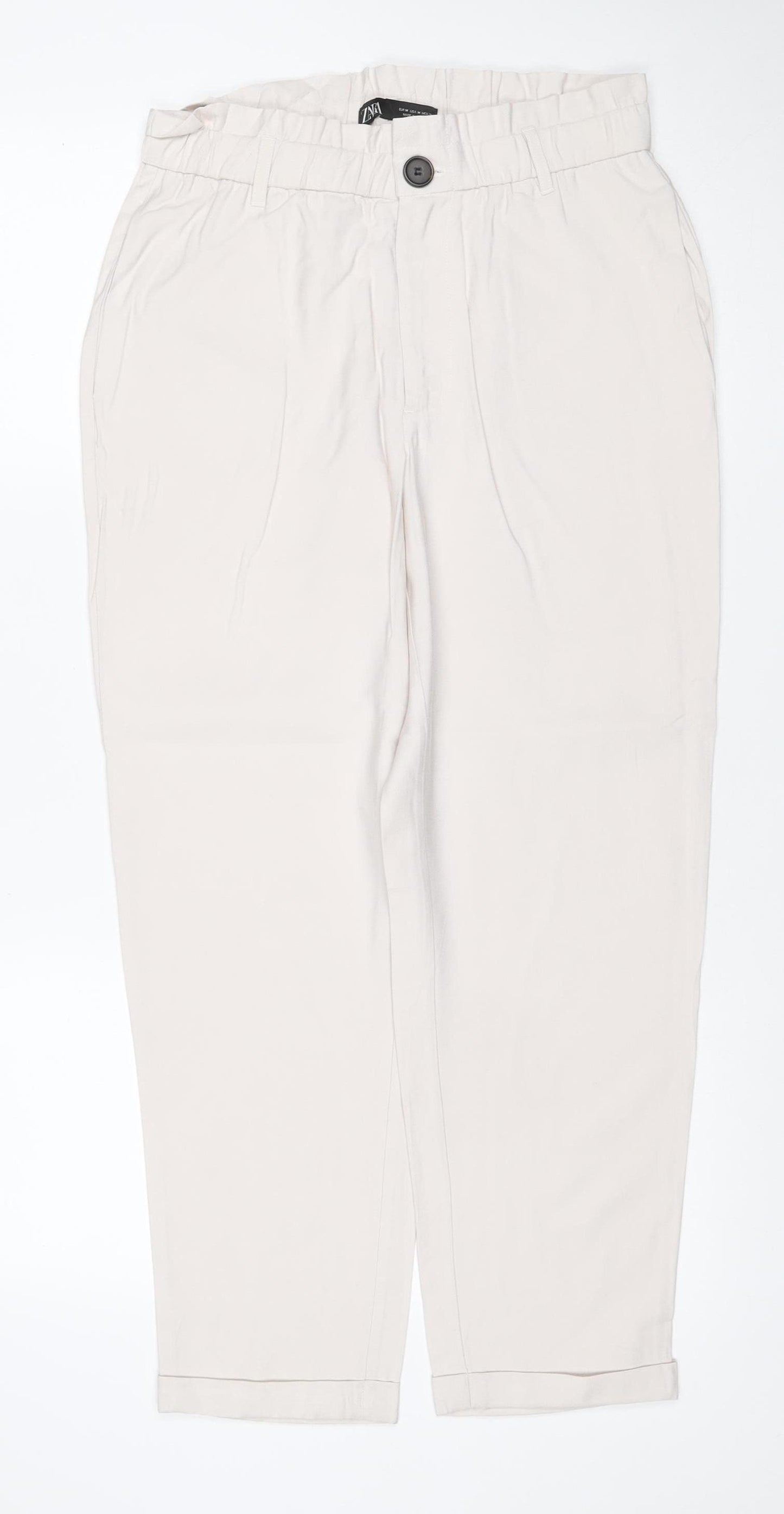 Zara Women Ivory M High Rise Elastic Waist Straight Trousers