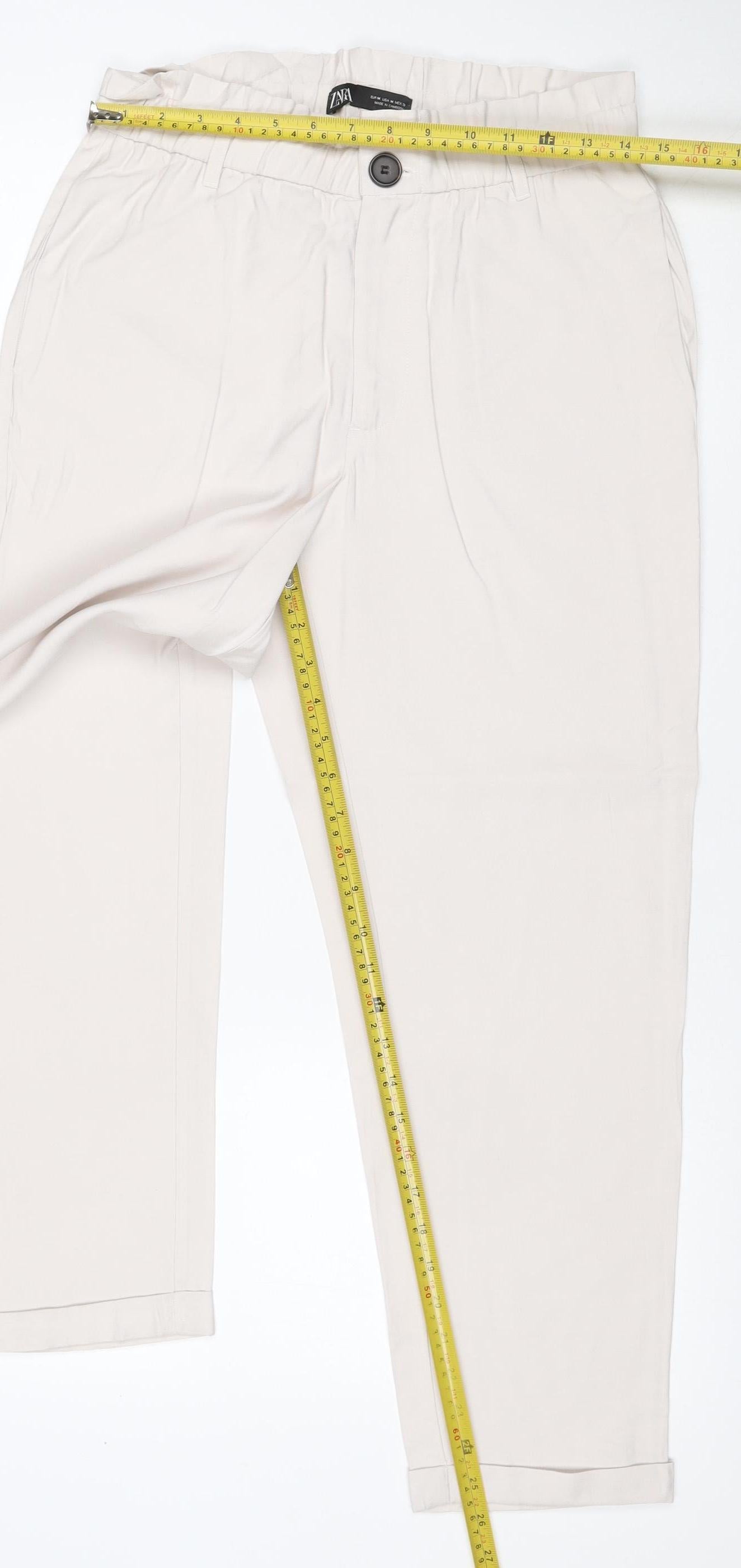 Zara Women Ivory M High Rise Elastic Waist Straight Trousers