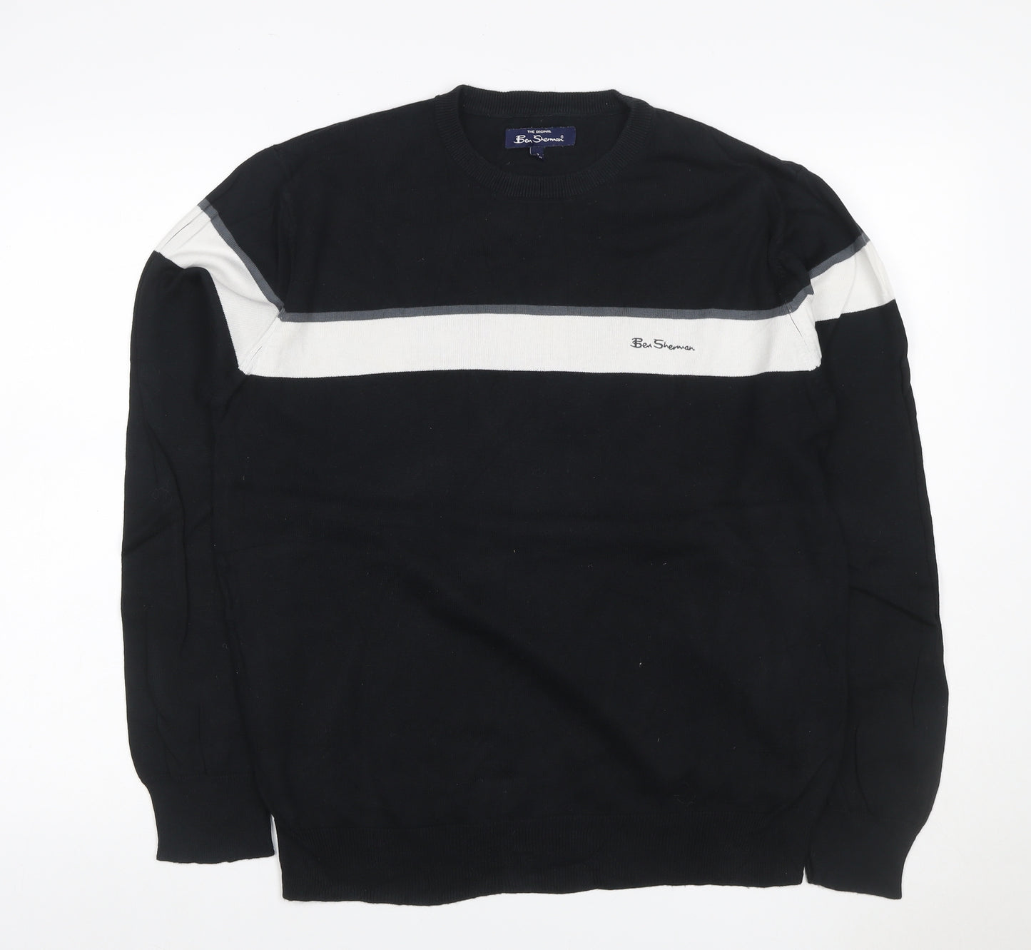 Ben Sherman Men's Black M Cotton Striped Crew Neck Pullover Jumper