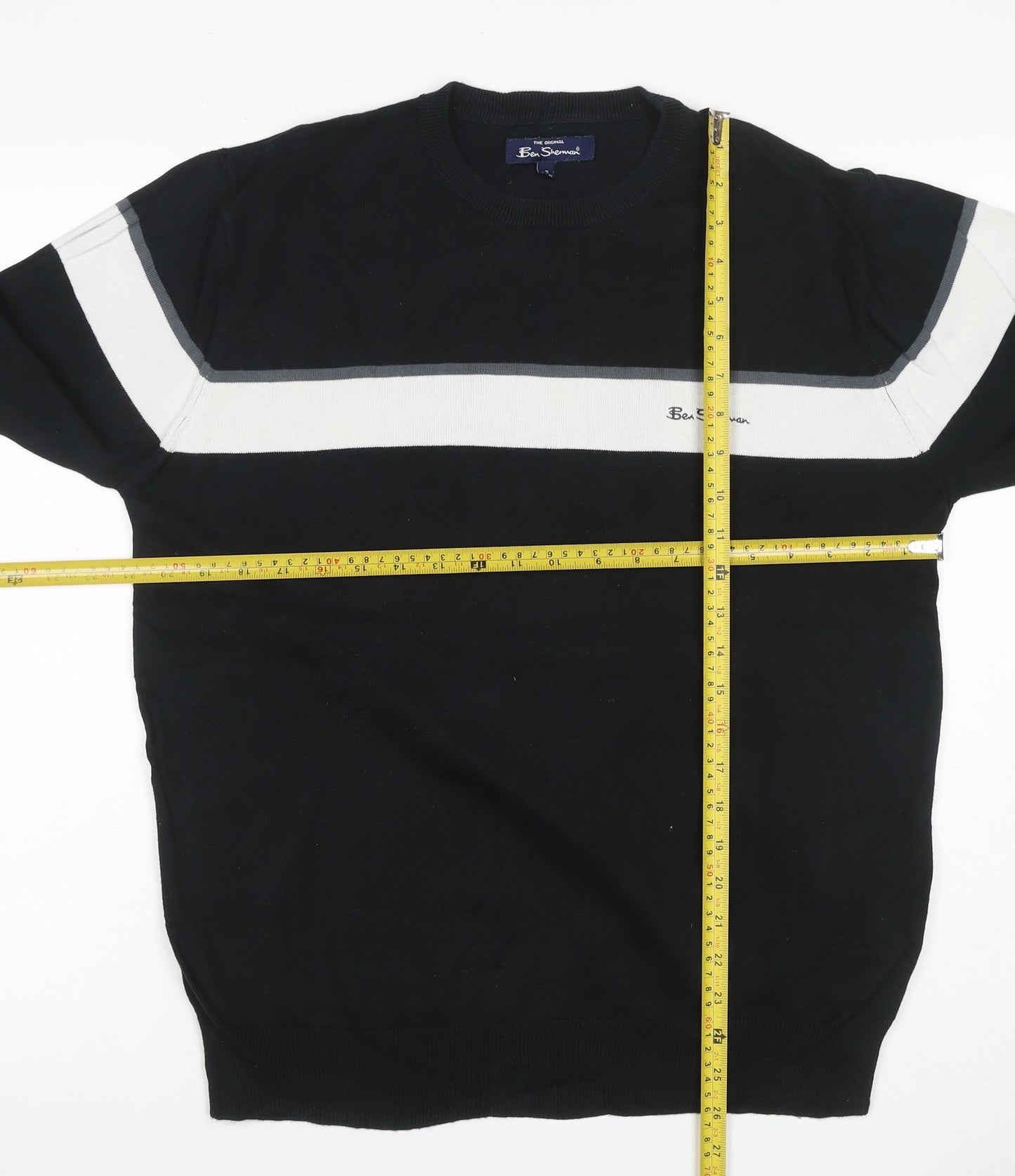 Ben Sherman Men's Black M Cotton Striped Crew Neck Pullover Jumper