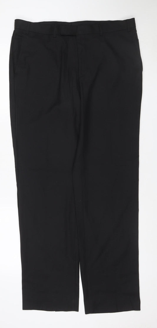 Marks and Spencer Men Black 36 33 Flat Front Straight Dress Trousers