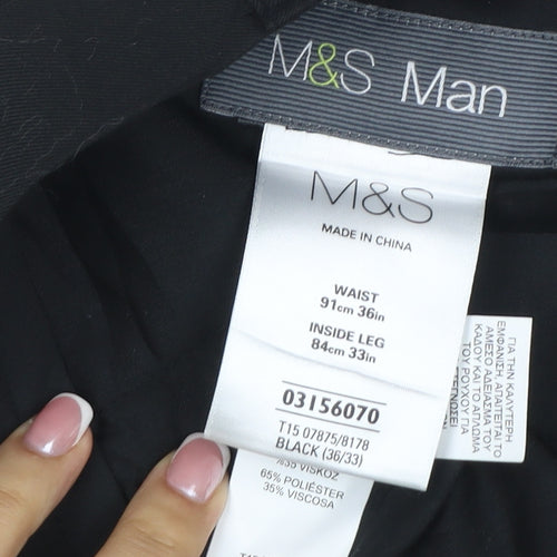 Marks and Spencer Men Black 36 33 Flat Front Straight Dress Trousers