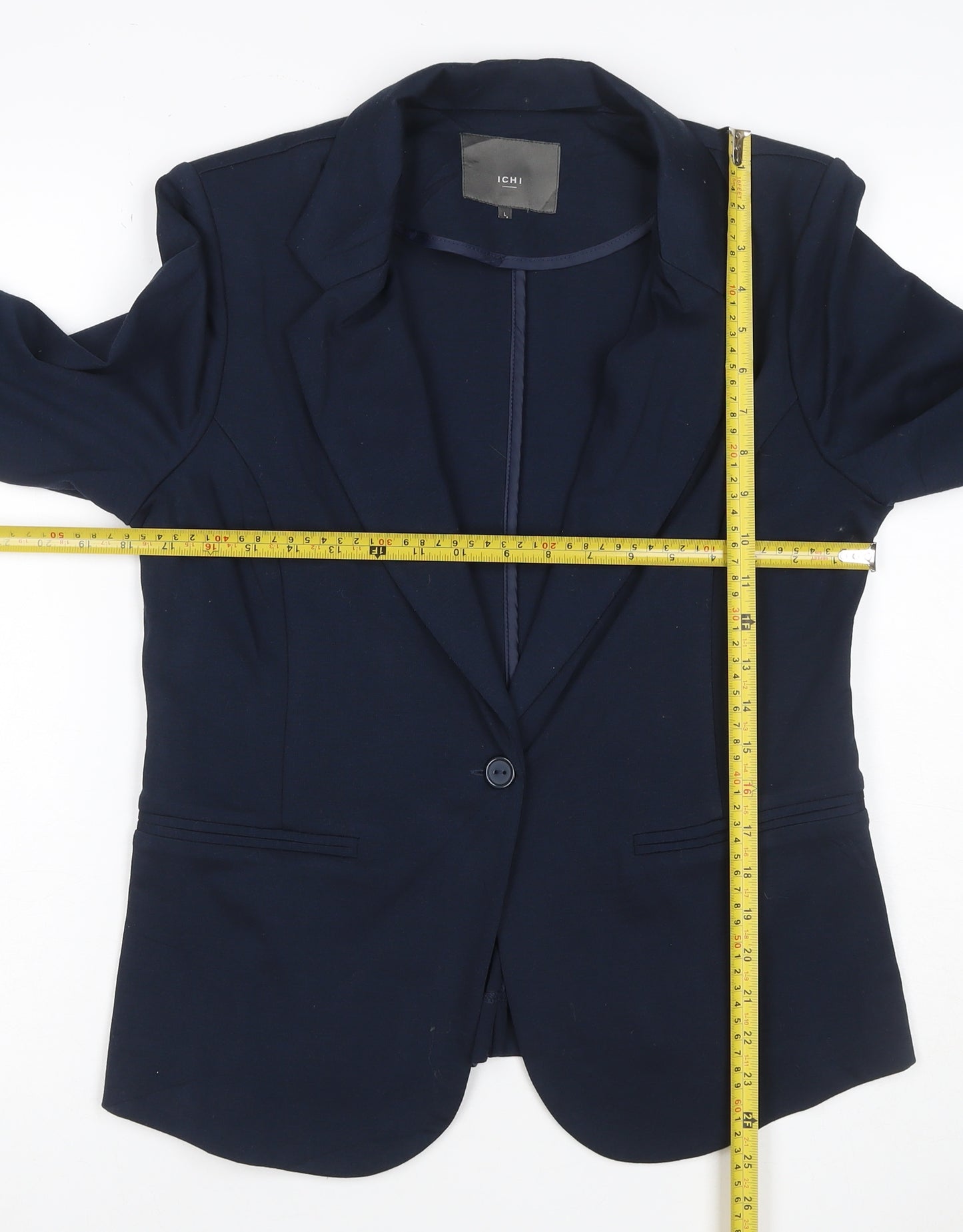ICHI Women Blue L Single-Breasted Stretch Blazer Business Jacket