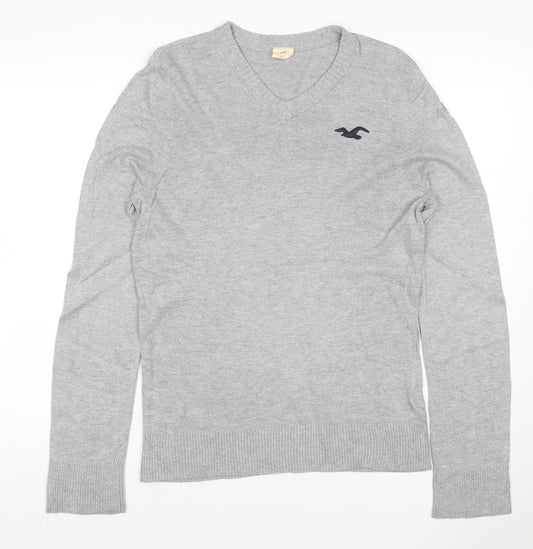 Hollister Men’s Grey V-Neck Logo Knit Pullover Jumper Size L