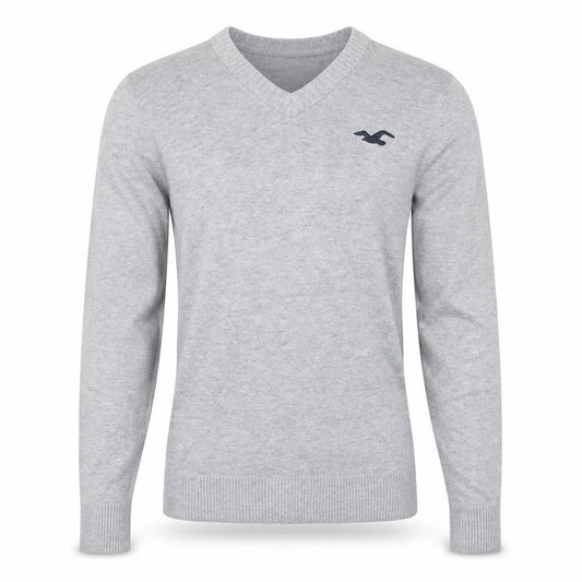 Hollister Men’s Grey V-Neck Logo Knit Pullover Jumper Size L