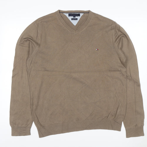 Tommy Hilfiger Men’s Beige L Cotton V-Neck Logo Pullover Jumper