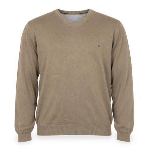 Tommy Hilfiger Men’s Beige L Cotton V-Neck Logo Pullover Jumper