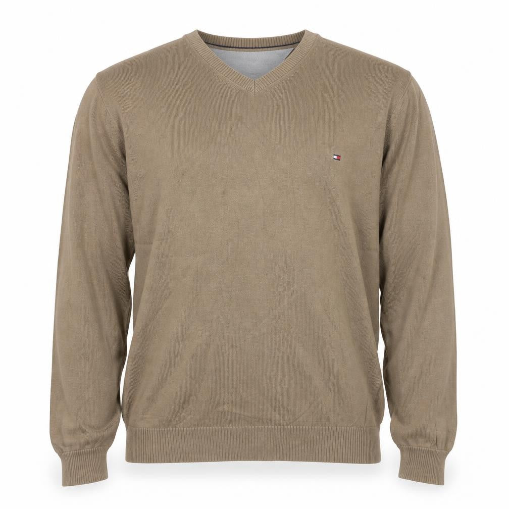 Tommy Hilfiger Men’s Beige L Cotton V-Neck Logo Pullover Jumper