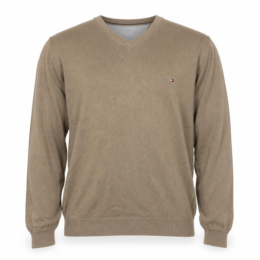 Tommy Hilfiger Men’s Beige L Cotton V-Neck Logo Pullover Jumper
