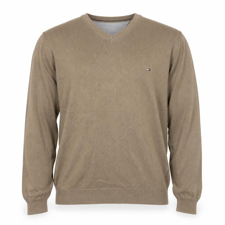 Tommy Hilfiger Men’s Beige L Cotton V-Neck Logo Pullover Jumper