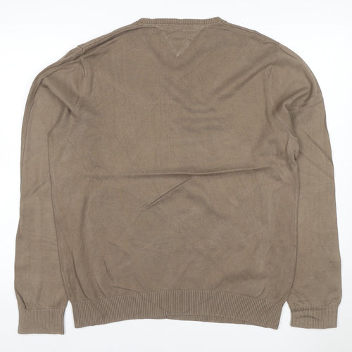 Tommy Hilfiger Men’s Beige L Cotton V-Neck Logo Pullover Jumper