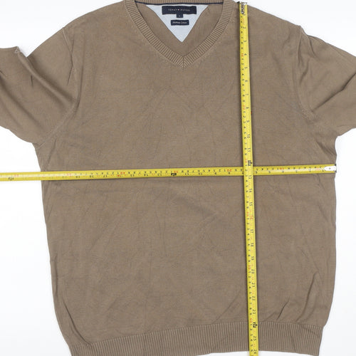Tommy Hilfiger Men’s Beige L Cotton V-Neck Logo Pullover Jumper