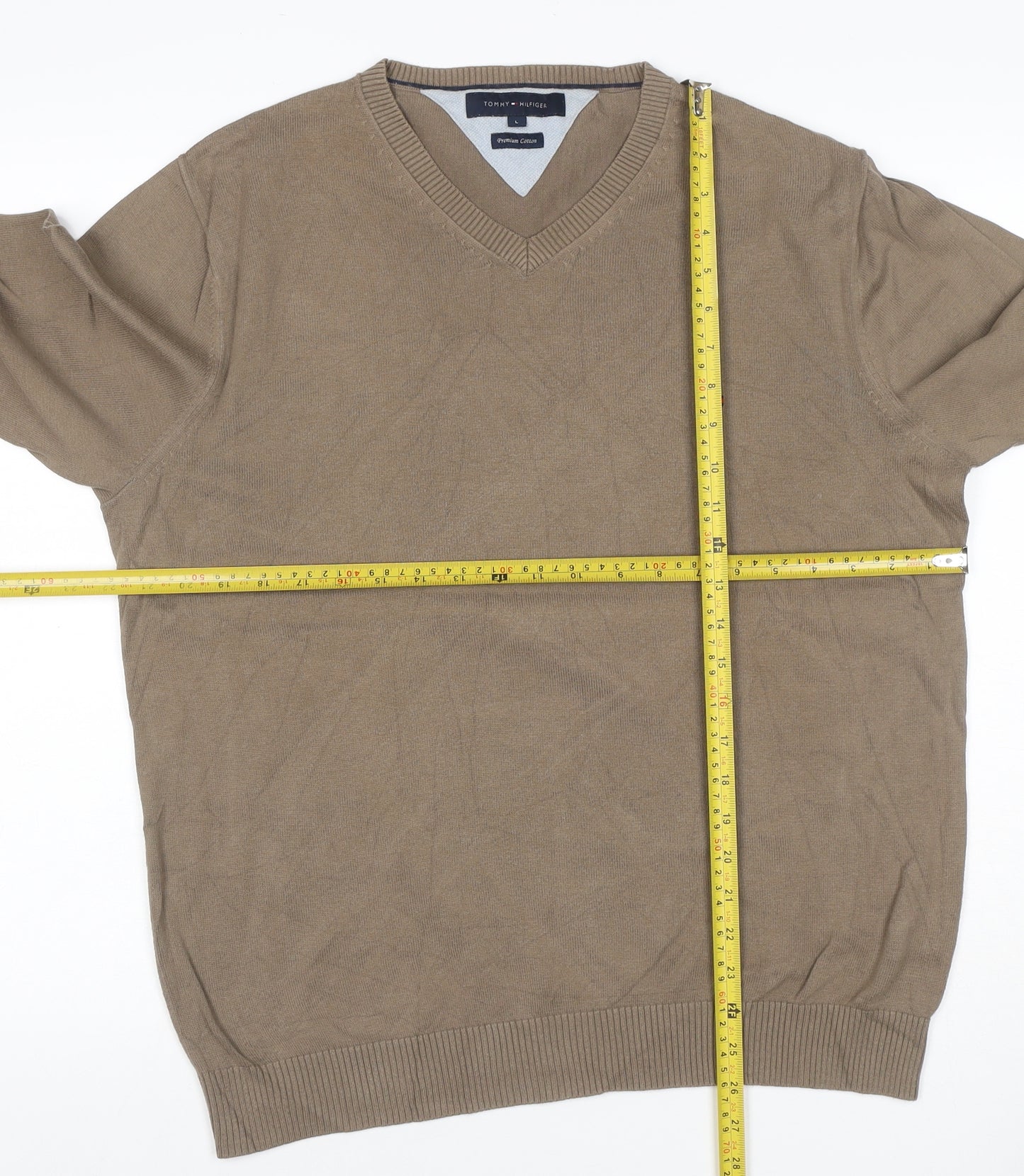 Tommy Hilfiger Men’s Beige L Cotton V-Neck Logo Pullover Jumper