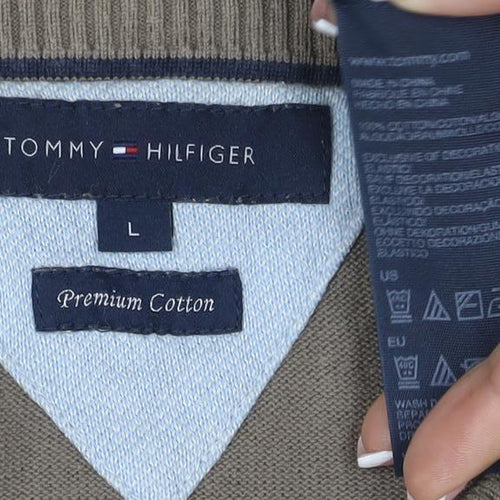 Tommy Hilfiger Men’s Beige L Cotton V-Neck Logo Pullover Jumper