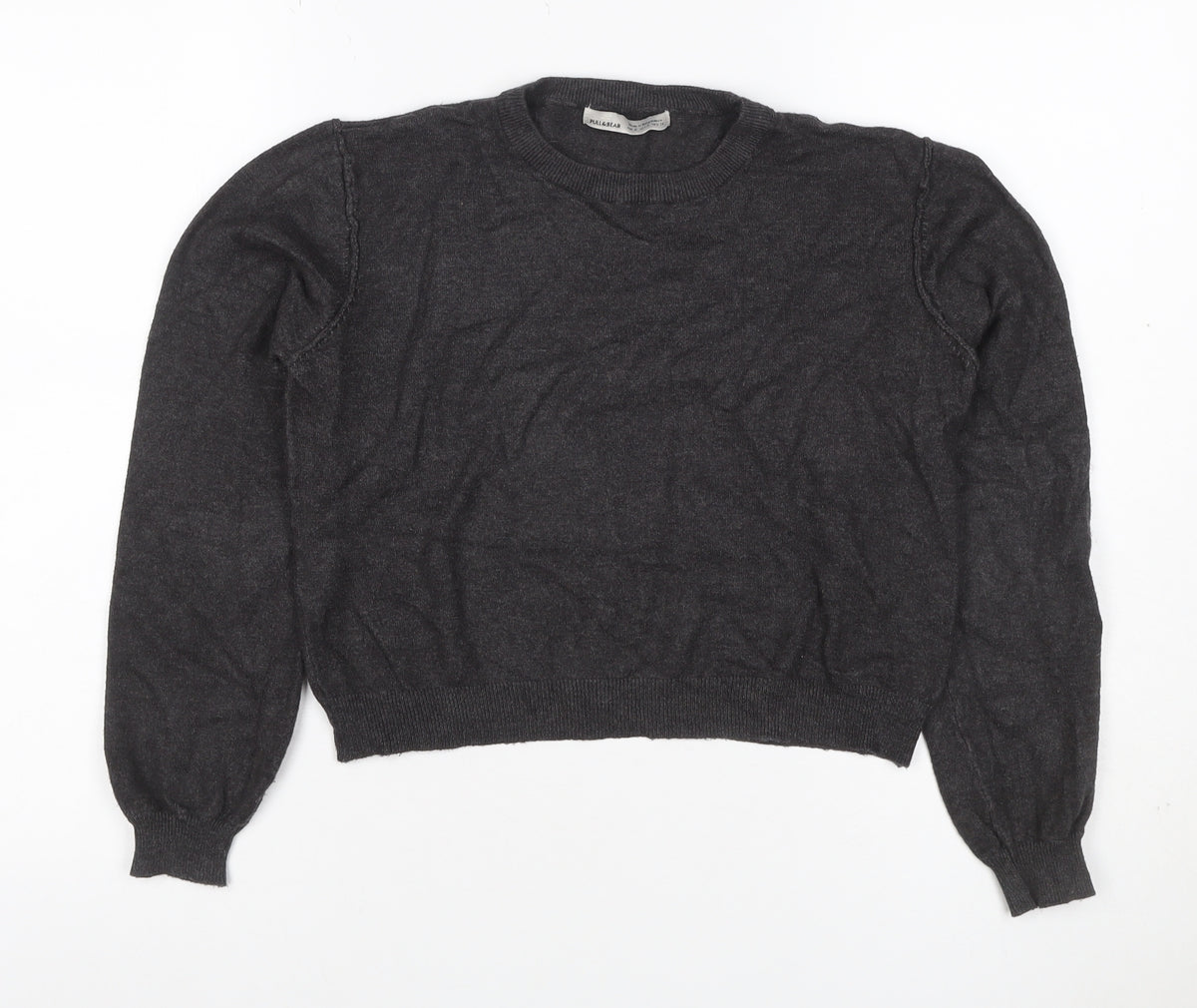 Pull&Bear Women’s Grey Size S Puff Sleeve Crew Neck Knit Jumper