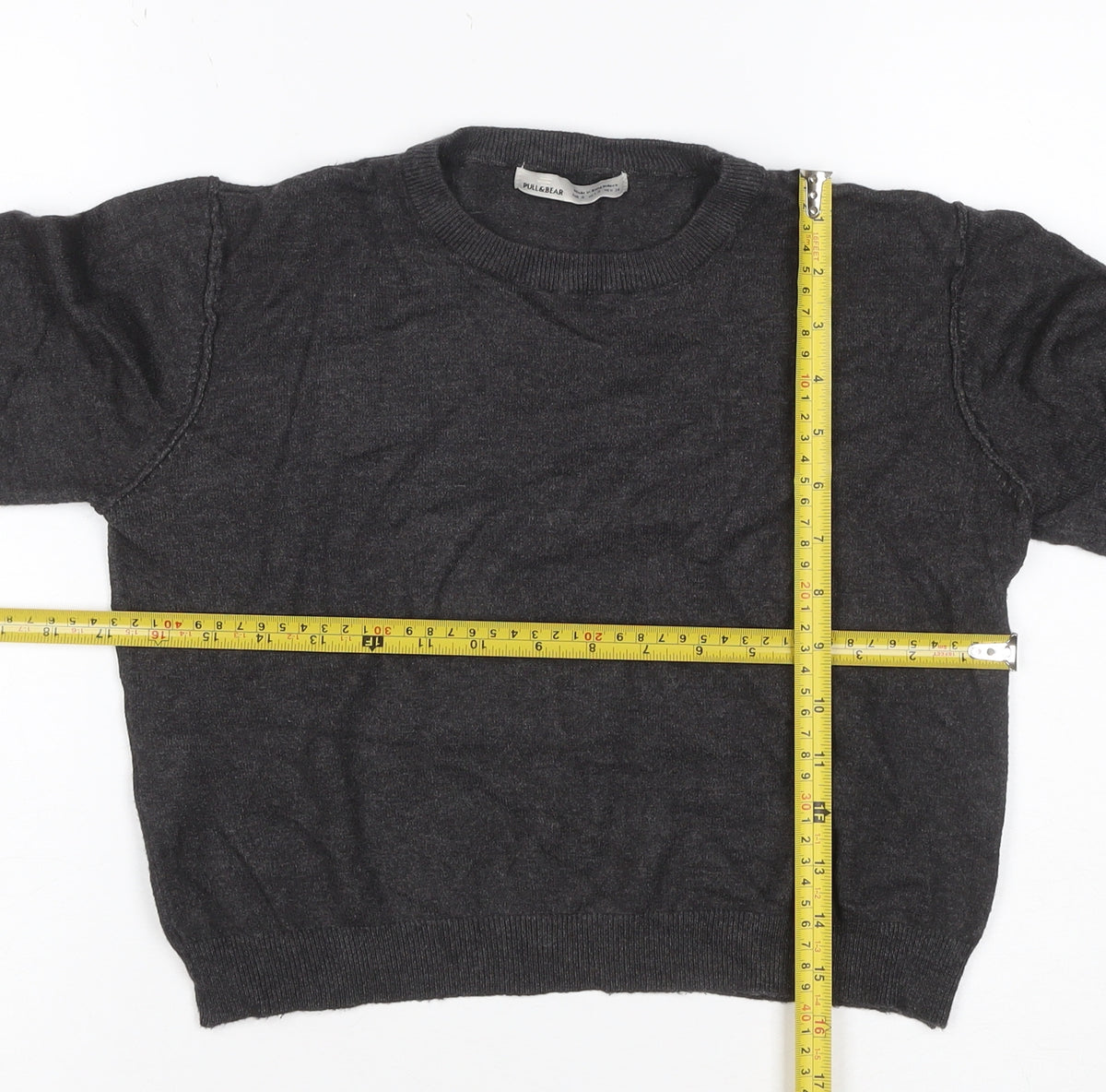 Pull&Bear Women’s Grey Size S Puff Sleeve Crew Neck Knit Jumper