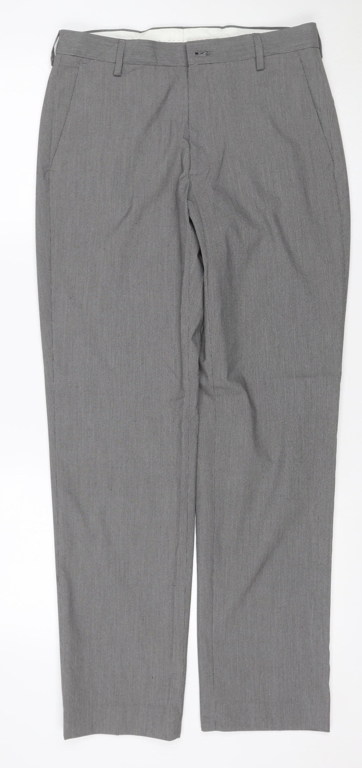 Marks and Spencer Men Grey 30R Regular Fit Check Dress Trousers