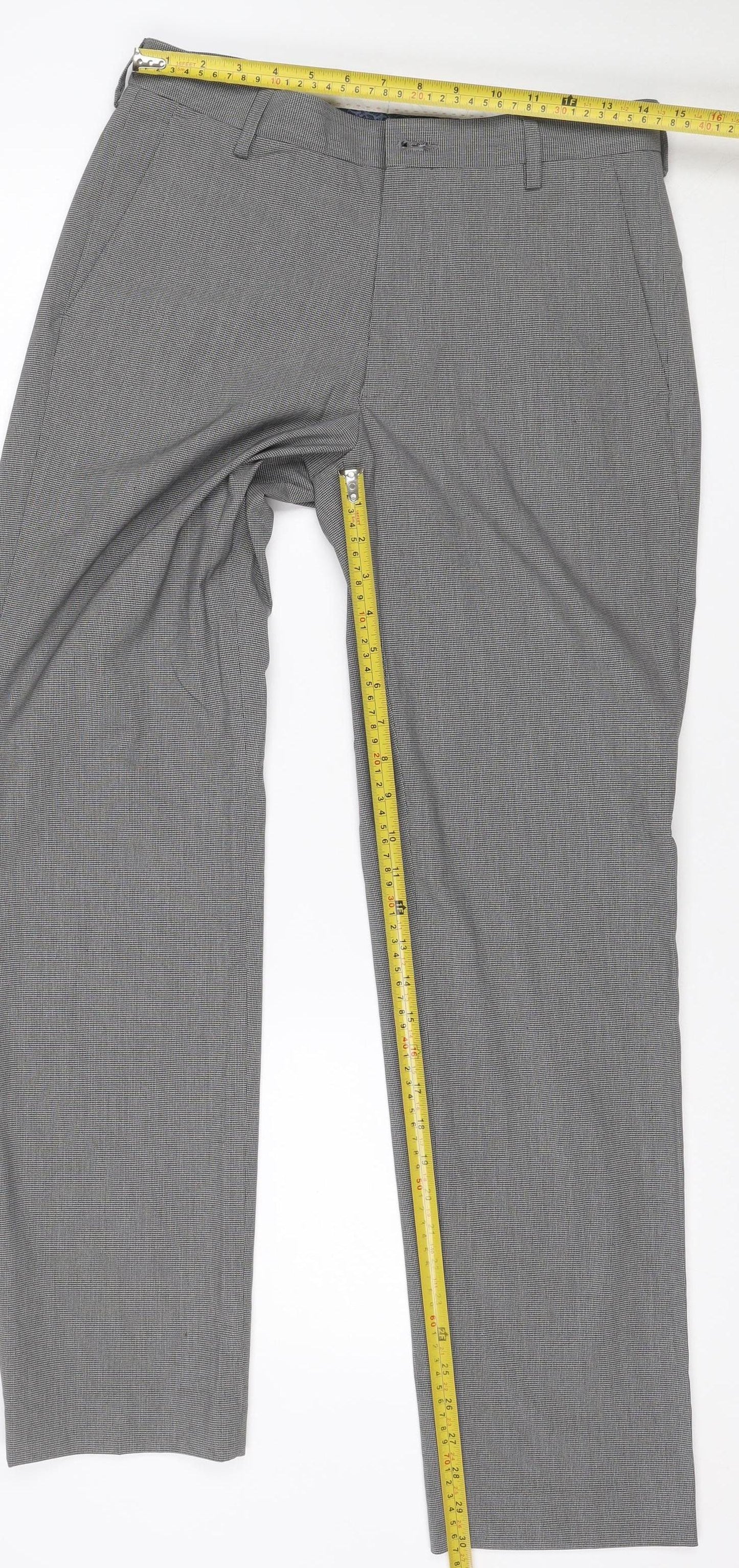 Marks and Spencer Men Grey 30R Regular Fit Check Dress Trousers