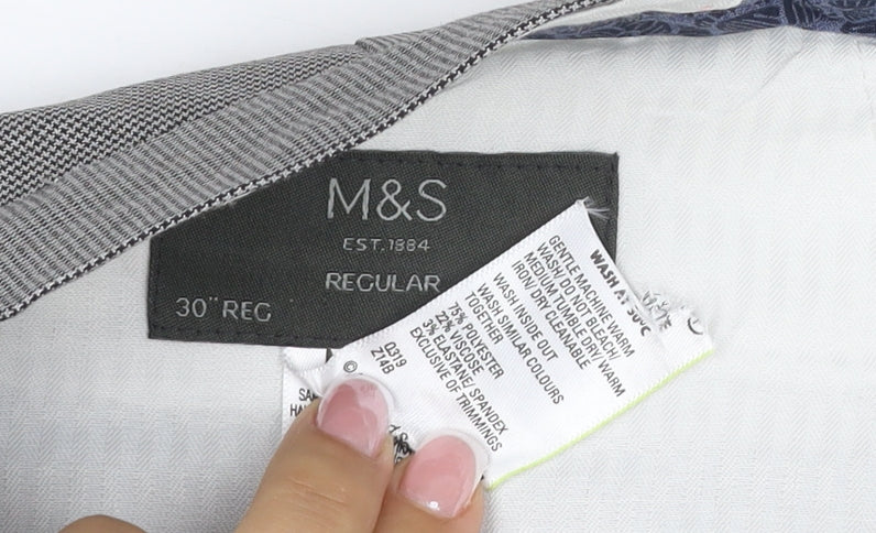 Marks and Spencer Men Grey 30R Regular Fit Check Dress Trousers
