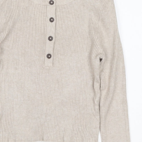 Pull&Bear Women's Beige M Rib Knit Button Henley Long Sleeve Jumper