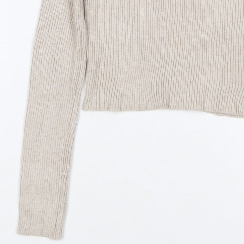 Pull&Bear Women's Beige M Rib Knit Button Henley Long Sleeve Jumper