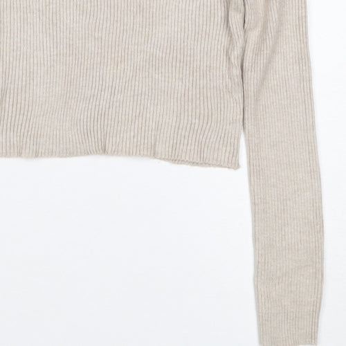 Pull&Bear Women's Beige M Rib Knit Button Henley Long Sleeve Jumper