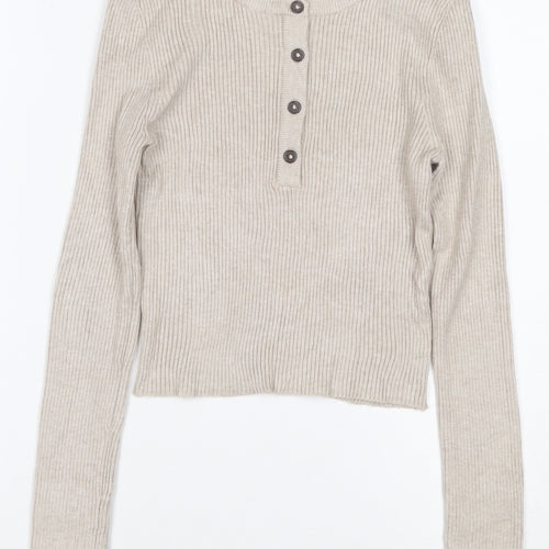 Pull&Bear Women's Beige M Rib Knit Button Henley Long Sleeve Jumper