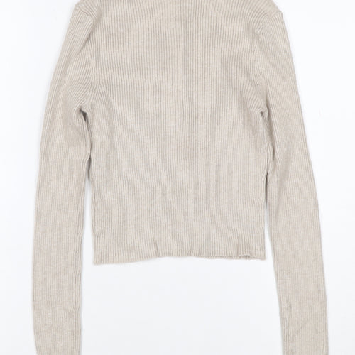 Pull&Bear Women's Beige M Rib Knit Button Henley Long Sleeve Jumper