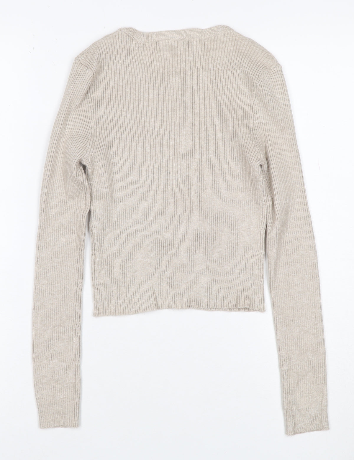 Pull&Bear Women's Beige M Rib Knit Button Henley Long Sleeve Jumper