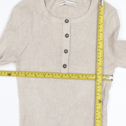 Pull&Bear Women's Beige M Rib Knit Button Henley Long Sleeve Jumper