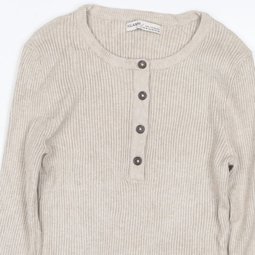 Pull&Bear Women's Beige M Rib Knit Button Henley Long Sleeve Jumper