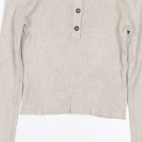 Pull&Bear Women's Beige M Rib Knit Button Henley Long Sleeve Jumper