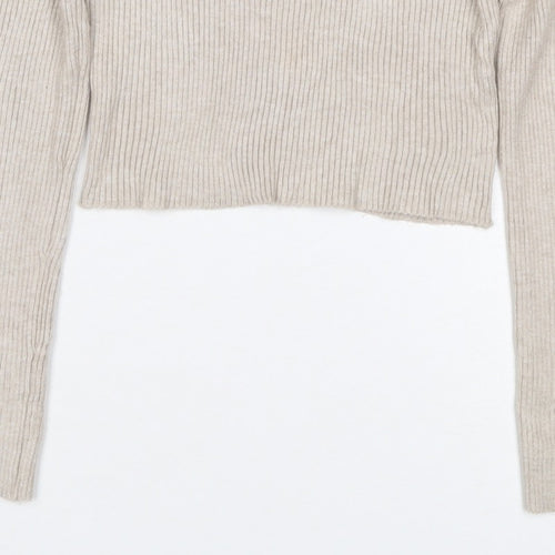 Pull&Bear Women's Beige M Rib Knit Button Henley Long Sleeve Jumper