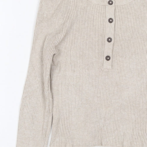 Pull&Bear Women's Beige M Rib Knit Button Henley Long Sleeve Jumper
