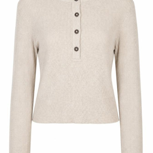 Pull&Bear Women's Beige M Rib Knit Button Henley Long Sleeve Jumper