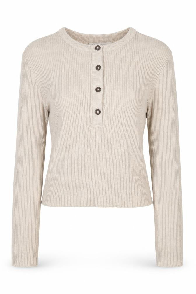 Pull&Bear Women's Beige M Rib Knit Button Henley Long Sleeve Jumper