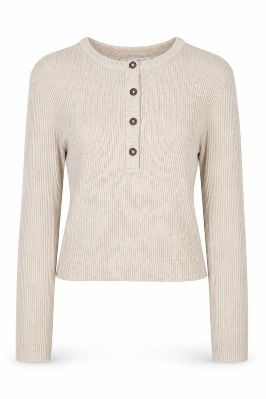 Pull&Bear Women's Beige M Rib Knit Button Henley Long Sleeve Jumper