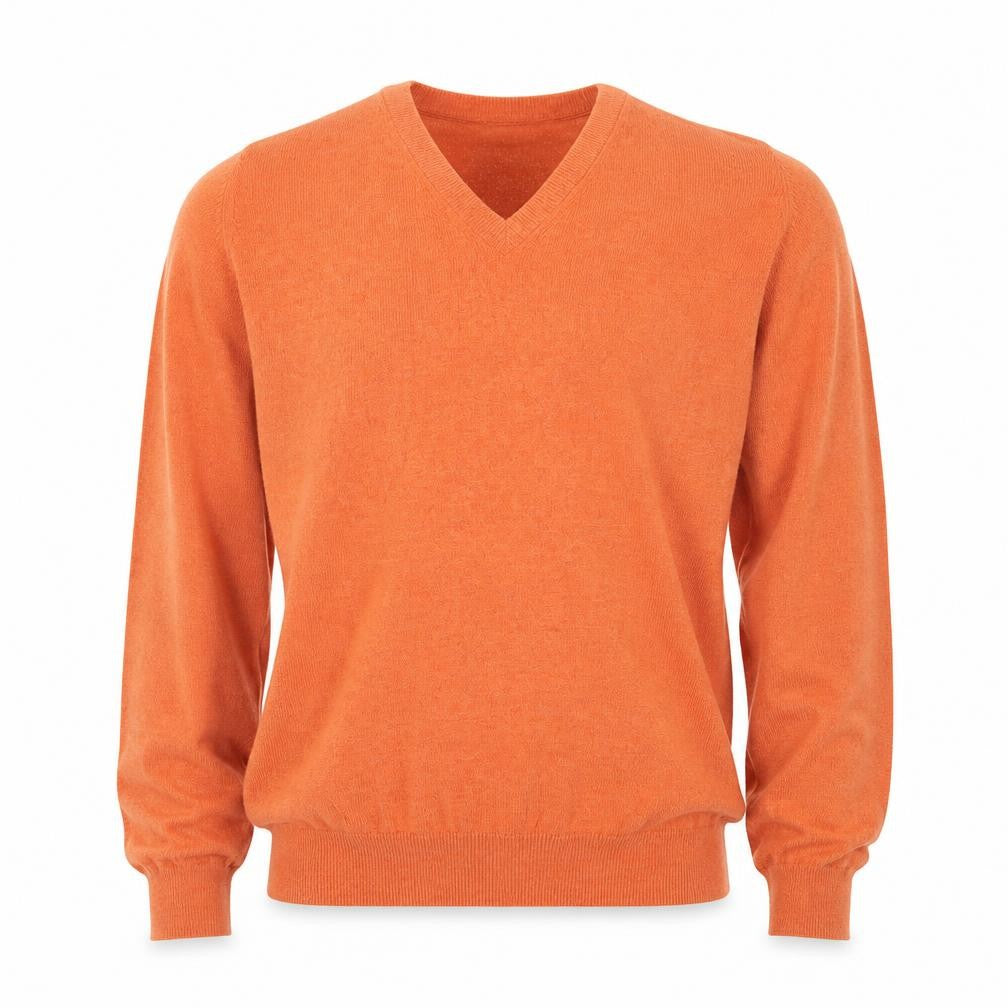 Front view of Woolovers Men’s Orange Cashmere Cotton V-Neck jumper M