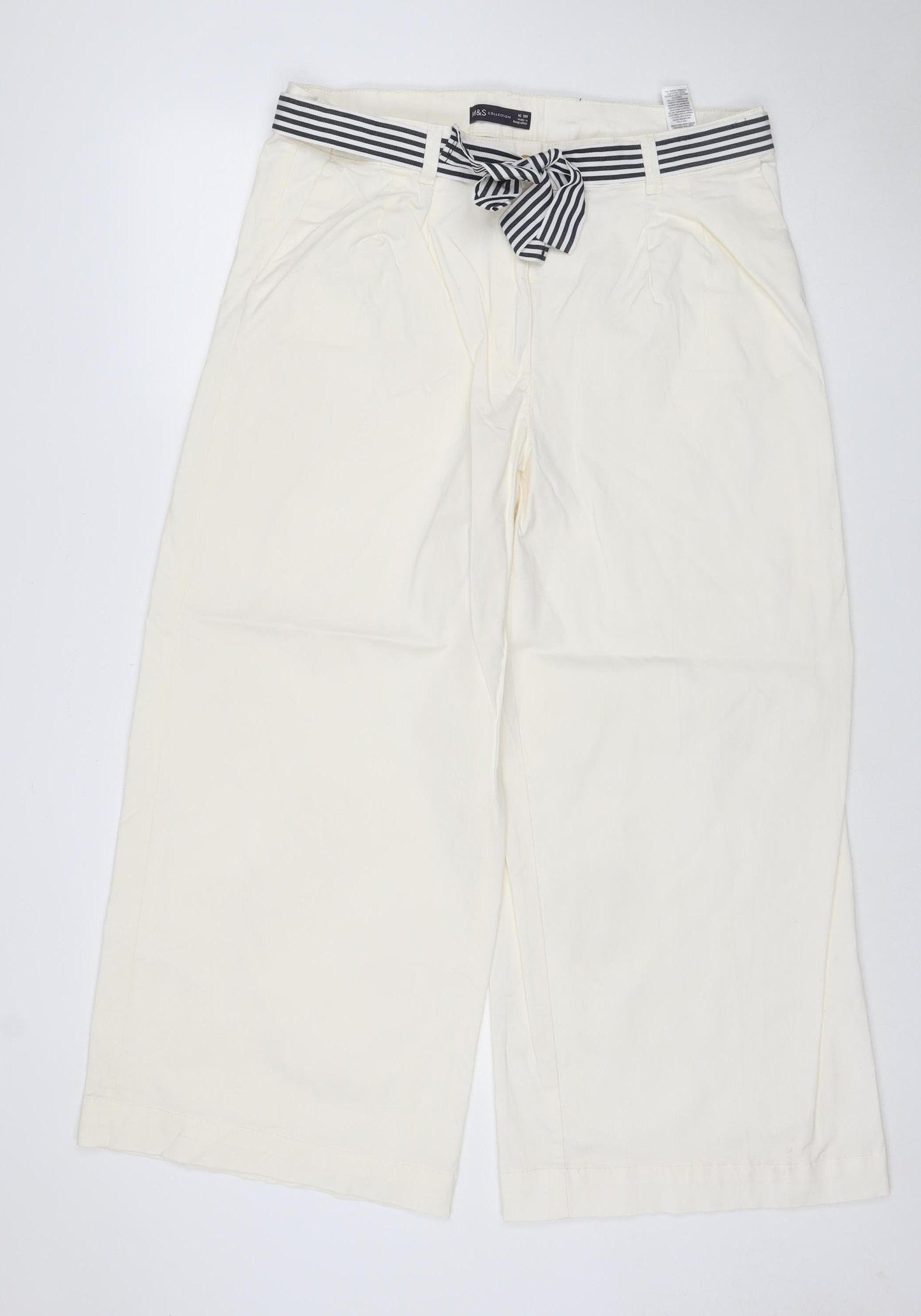 Marks and Spencer Women Ivory UK 16 Slim Wide-Leg Belted Trousers